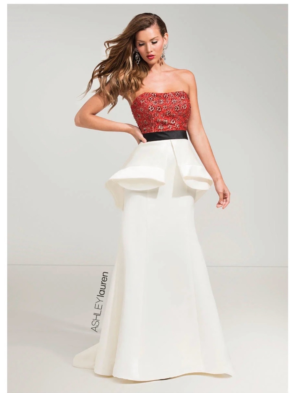 Ashley Lauren Strapless Red Beaded Bodice with White Peplum Gown
